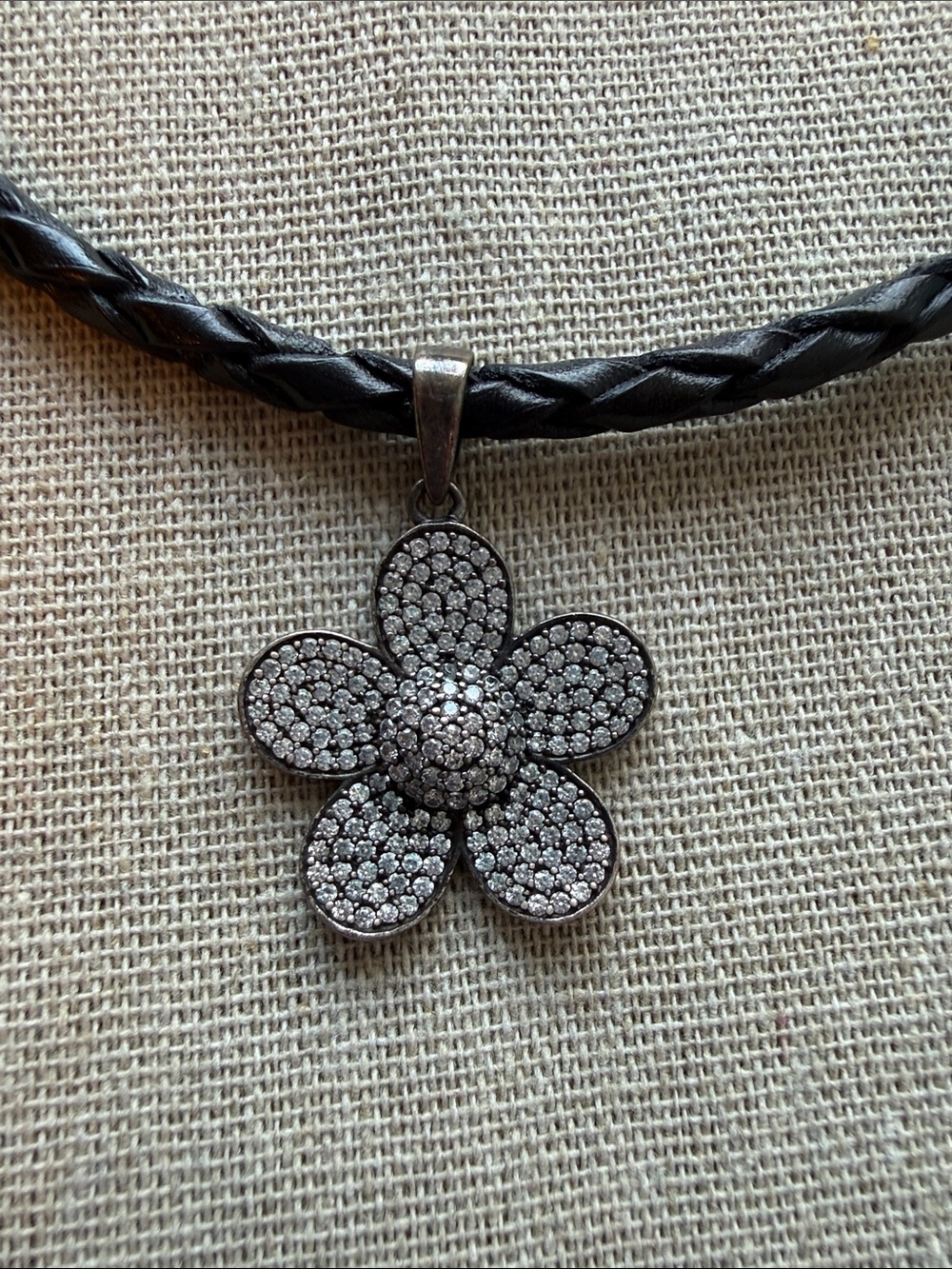 Black Braided Leather Necklace with Pavé Flower Pendant